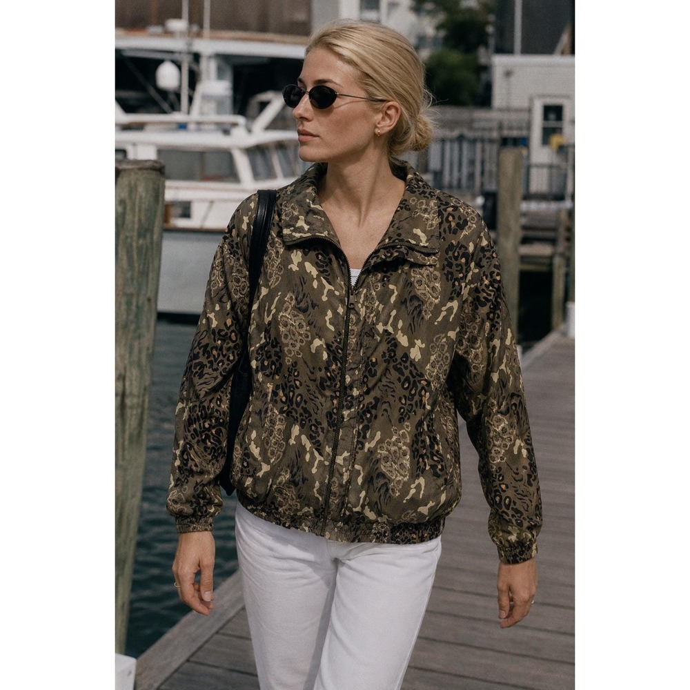 COAco Bomber Jacket Womens L Brown Leopard Camo 100% Silk Full Zip Windbreaker